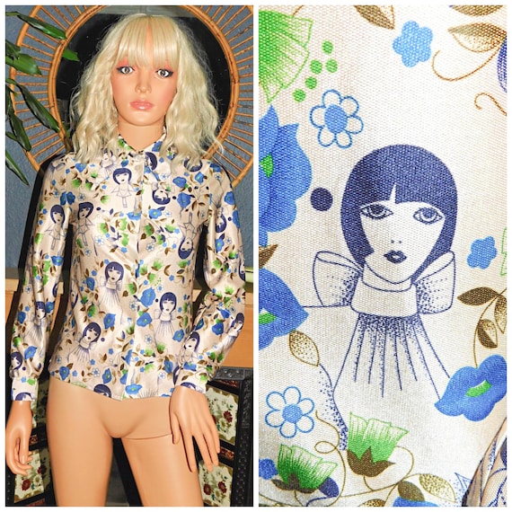 Vintage 70s NOVELTY LADY FACE Print Stretch Dagger Collar Shirt Blouse 6 Xxs 1970s Kitsch