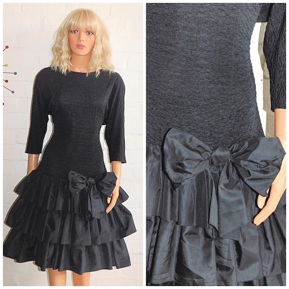 Vintage 1980s Black Drop Waist RARA BOW Prom Party Dress 14 16 M L 80s Kitsch