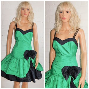 Vintage 80s Green Black Drop Waist Bow Prom Party Dress 10 12 S M 1980s Kitsch