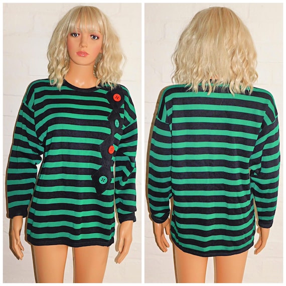 Vintage 80s Black Green Striped Sweater Jumper S M 1980s Nu Wave