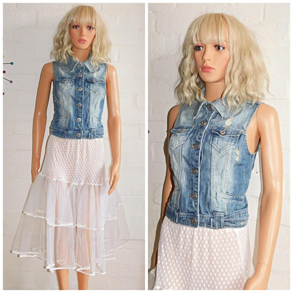 Vintage 90s Y2K Blue DENIM DISTRESSED Waistcoat 6 8 Xs Grunge 1990s