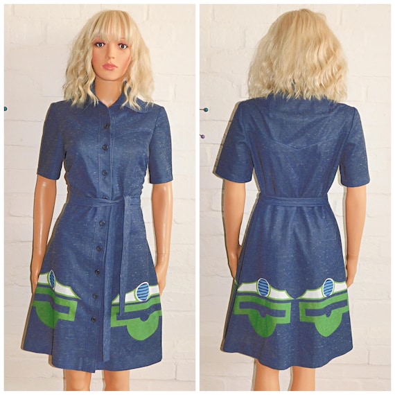 Vintage 60s 70s Blue Green Button Down GEOMETRIC Print Dress 12 M 1960s 1970s