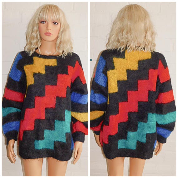 Vintage 80s Multicoloured SHAGGY MOHAIR Colour Block Sweater Jumper S M L 1980s Slouchy