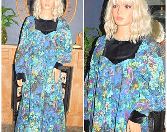 Vintage 70er Jahre Boho Bunt FLORAL Print SAMT BIB Hängerkleid 10 S 1970er 1990er Jahre Boho Hippy Hippie Kaftan Ballon Ärmel