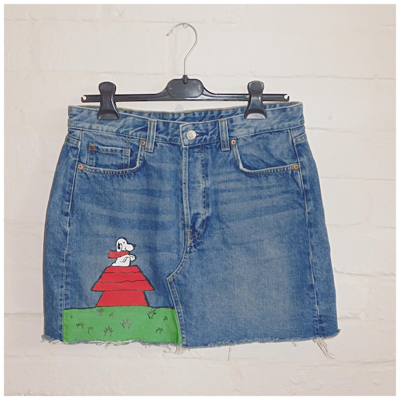Vintage Y2K SNOOPY Hand Painted Denim Mini Skirt 14 M
