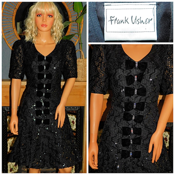 Vintage 80s Frank Usher Black SEQUIN BOW Cutout Prom Party Dress 12-14 M 1980s Kitsch Evening Cocktail