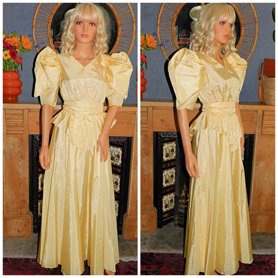 Vintage 70s 80s Yellow PUFF Slvd PEPLUM Princess Prom Dress 8 S Xs 1970s 1980s Belle Party