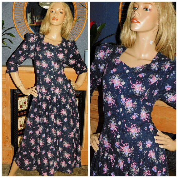 Vintage 80s Black Multicoloured FLORAL Bow Print COTTON Dress with POCKETS 12 M 1980s Drop Waist