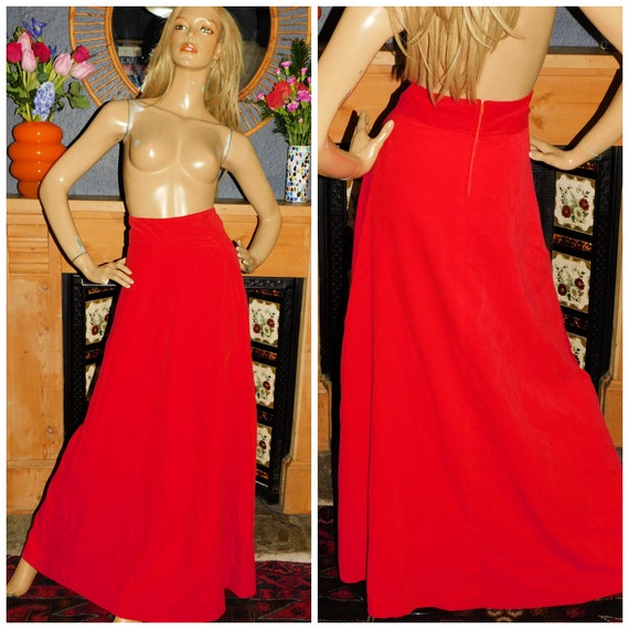 Vintage 70s Bold Lipstick RED VELVET Flared Maxi Skirt 6-8 XS 1970s Evening Party Boho Bohemian High Waist