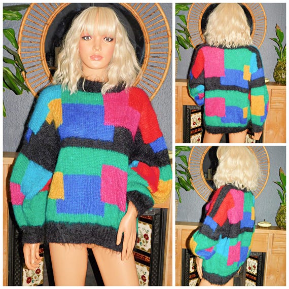 Vintage 80s Multicoloured SHAGGY MOHAIR Colour Block Sweater Jumper S M L 1980s Slouchy Hand Knit