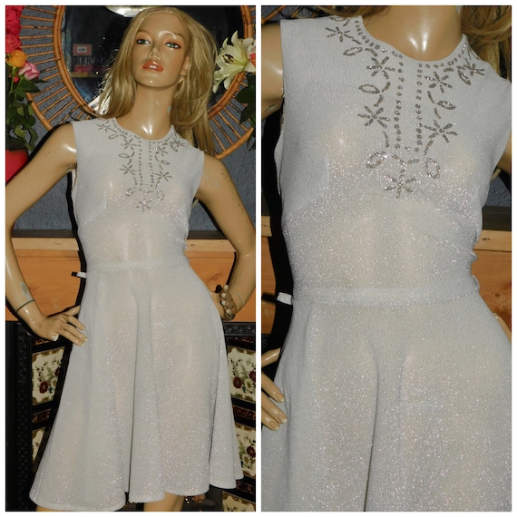 Vintage 60s 70s Semi SHEER Silver LUREX Mini Dress 8-10 S 1960s 1970s Kitsch Diamante Trim