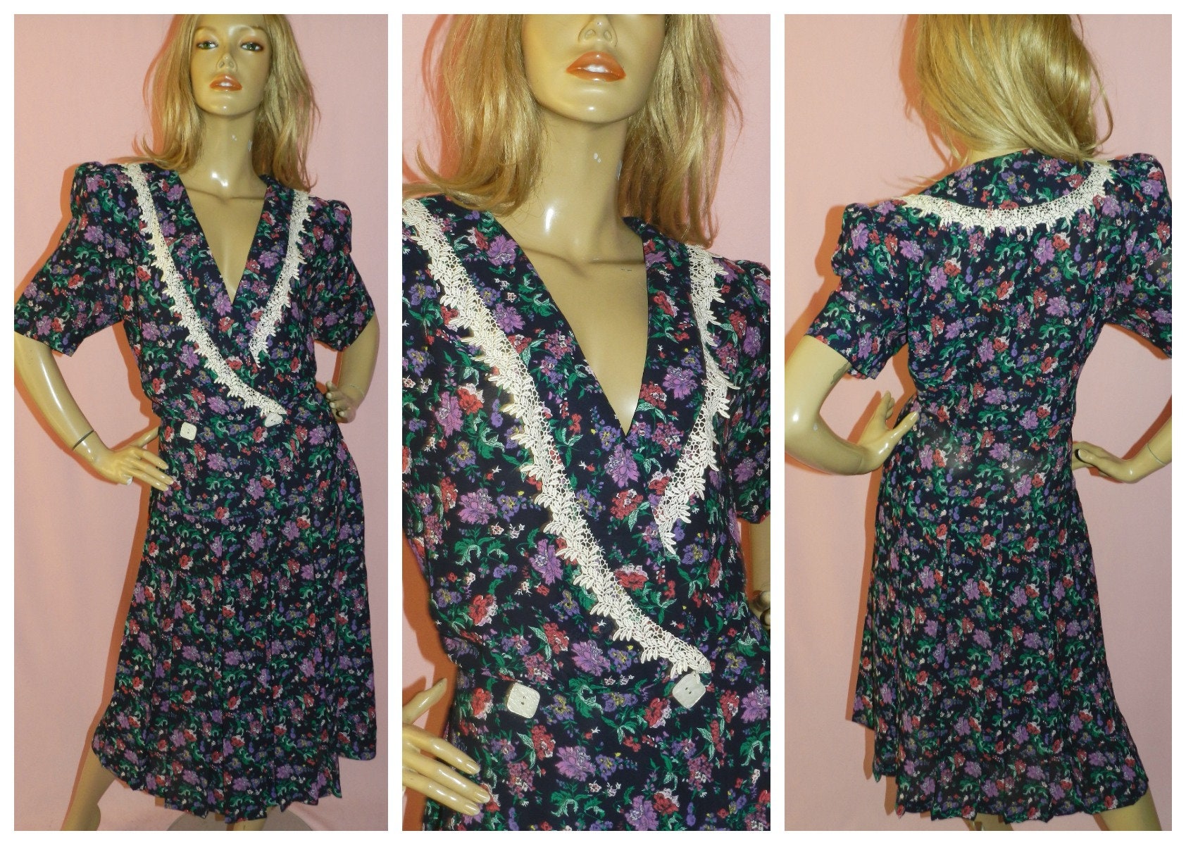 Vintage 80s FLORAL Print LACE Collar Semi Sheer Day Dress 14-16 M L ...