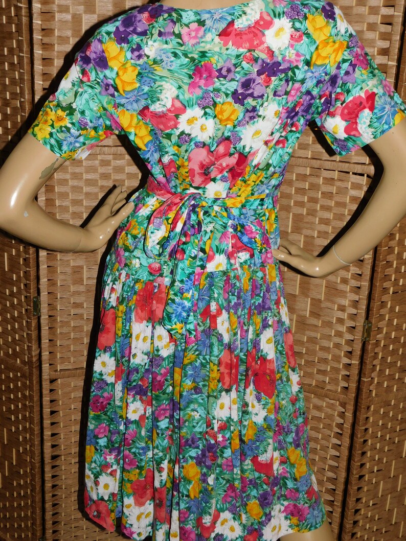 Vintage 1980s Multicoloured FLORAL ROSE Print Drop Waist Tea Dress 12 M 1980s Cheesecloth Cotton