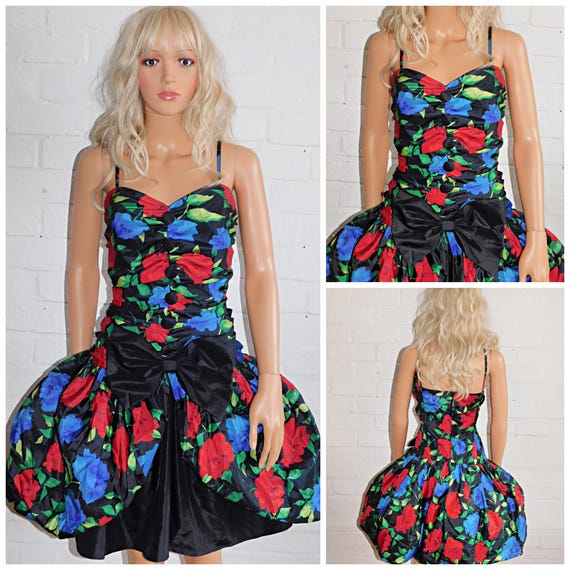 Vintage 80s Multicoloured Floral TUXEDO BOW PUFFBALL Mini Prom Party Dress 16 L 1980s Cocktail Extreme Avant Garde