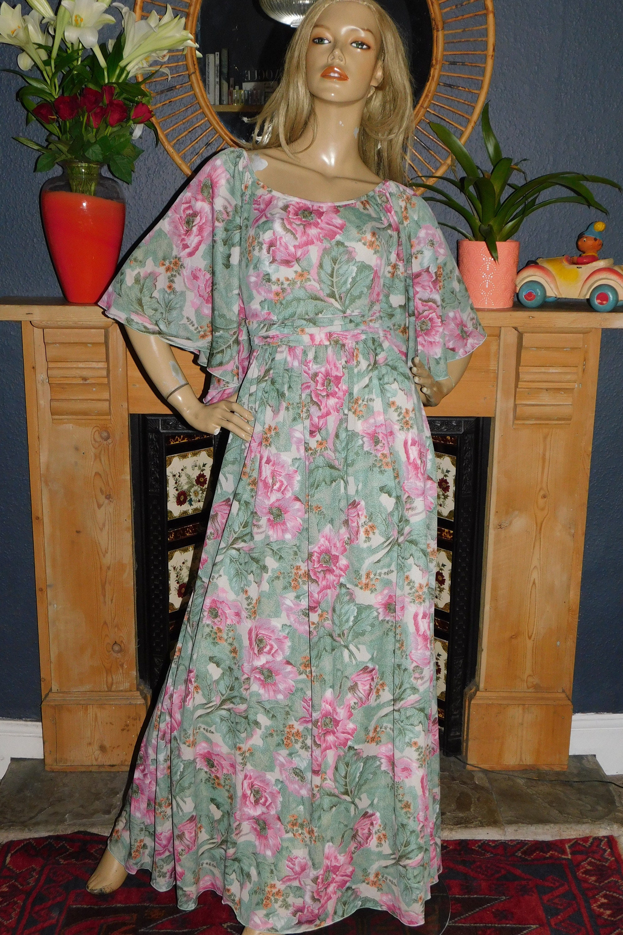 Vintage 70s Green Pink FLORAL Print ANGEL Wing Slvd Maxi Dress 10-12 S ...