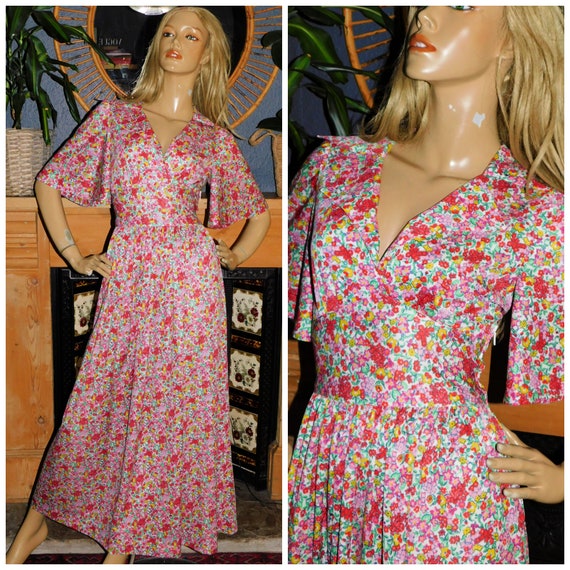 Vintage 70s Multicoloured DITSY FLORAL Wide Collar WING Slvd Midi Maxi Dress 8 S 1970s Boho Bohemian