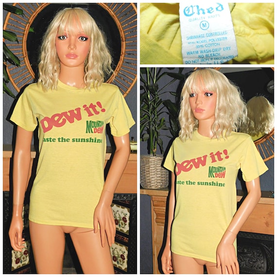Vintage 70s Yellow Thin SINGLE STITCH Mountain Dew T Shirt 1970s Unisex Graphic 50 50