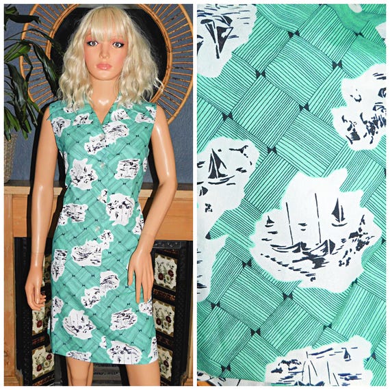 Vintage 70s Kitsch Oriental FISHING BOAT Print Day Dress 12 M 1970s NOVELTY