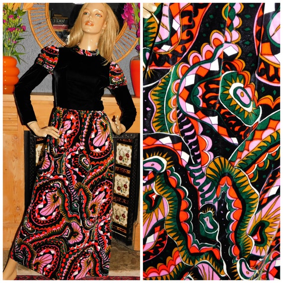Vintage 70s Black Red Pink Green PSYCHEDELIC VELVET CONTRAST Maxi Dress 6 Xxs Xs 1970s Kitsch Groovy