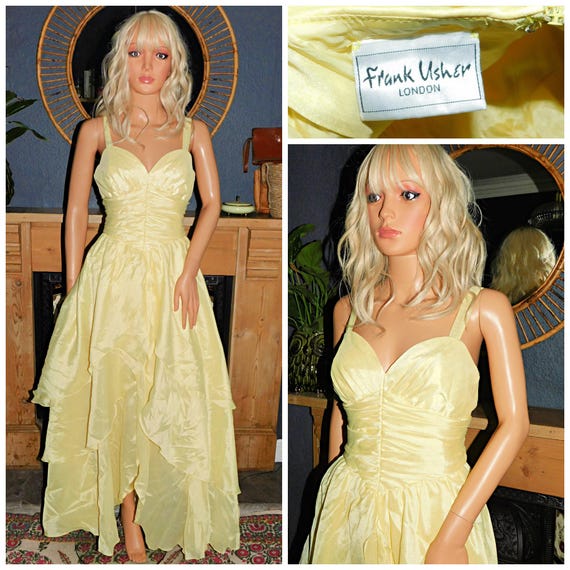 Vintage 80s FRANK USHER Lemon Yellow PRINCESS Ruffled Evening Dress 12 M 1980s Kitsch Prom Cocktail Party