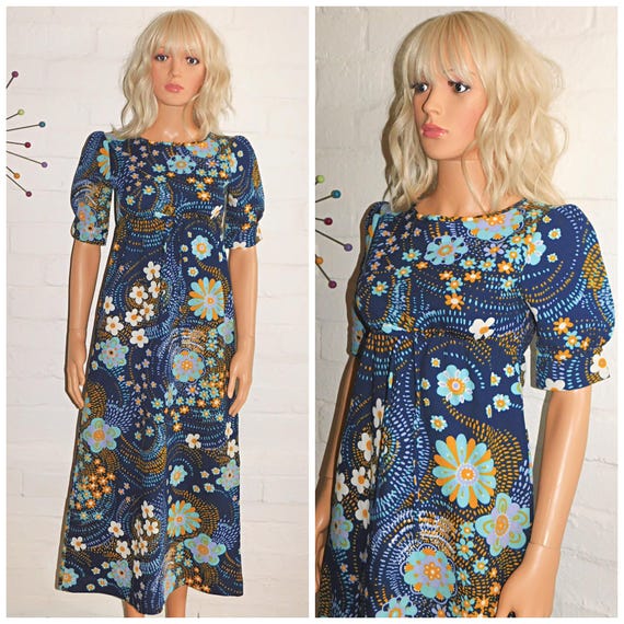 Vintage 70s Blue PSYCHEDELIC FLORAL Print Day Dress 4 6 Xs Xxs 1970s FLOWER Power