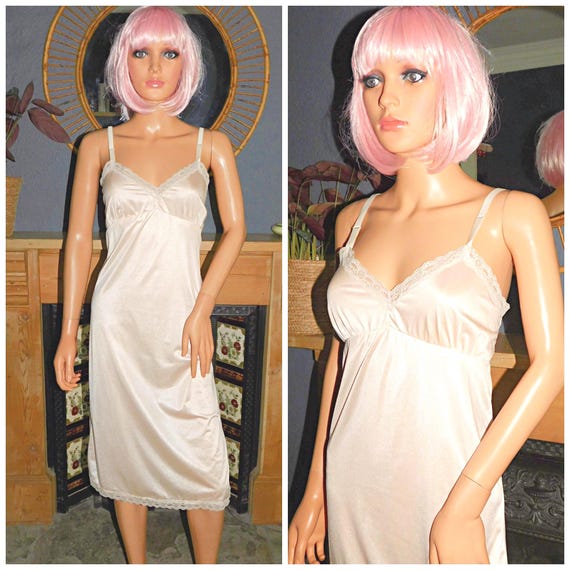 Vintage 70s Nylon Peach Nude Slip Dress 6 8 Xs 1970s Negligee SLIP