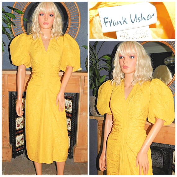 Vintage 80s FRANK USHER Bright Yellow Silk PUFF Slvd Midi Dress 10 S 1980s Kitsch Prom Cocktail Party Avant Garde