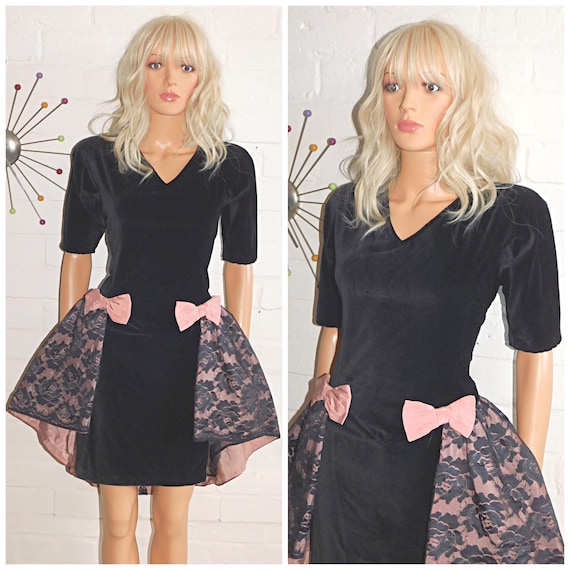 Vintage 80s Black Dusky Pink Nude Lace BOW PEPLUM Prom Party Dress 8 10 S 1980s Kitsch