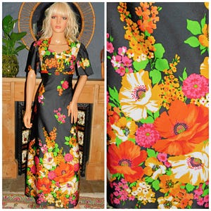 Vintage 70s Black Multicoloured BOLD Floral Print Maxi Dress 10 S 1970s FLOWER POWER Wing Sleeves