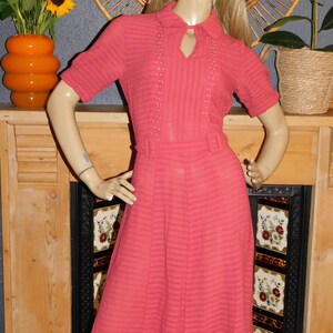 Vintage 30s 40s Dusky Coral Pink STRIPED Semi Sheer Belted Day Dress 10 S 1930s 1940s image 5