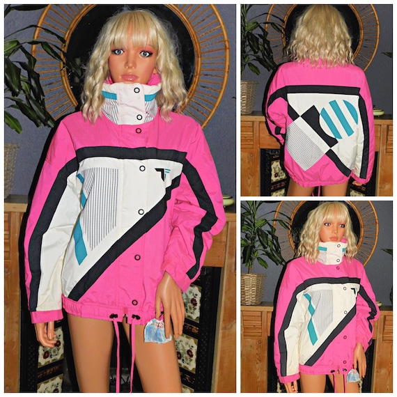 Vintage 80s 90s Tyrolia HEAD Neon Pink COLOUR Block Padded Ski Jacket M 1980s Kitsch Pockets Puffer 1990s