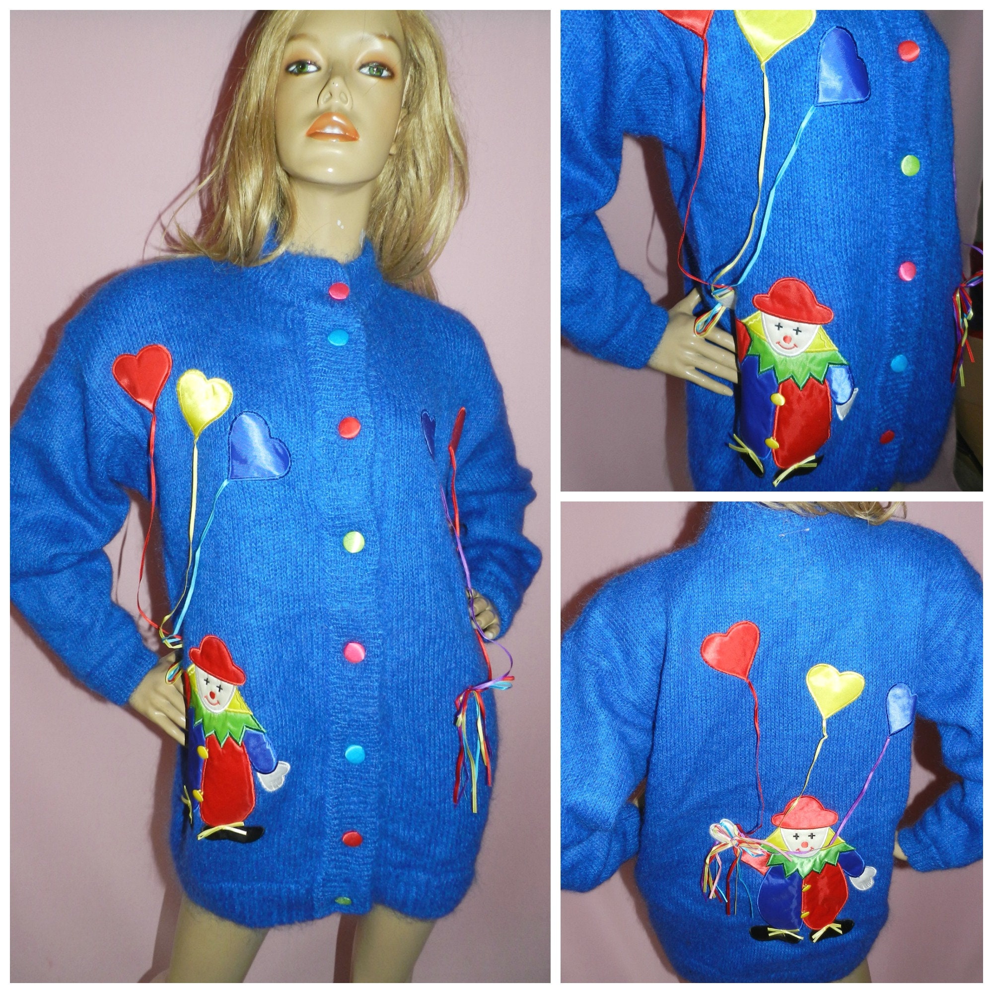 Vintage 80s NOVELTY OVERSIZED Mohair CLOWN Balloon Cardigan M 1980s Kitsch Bad Taste Slouchy