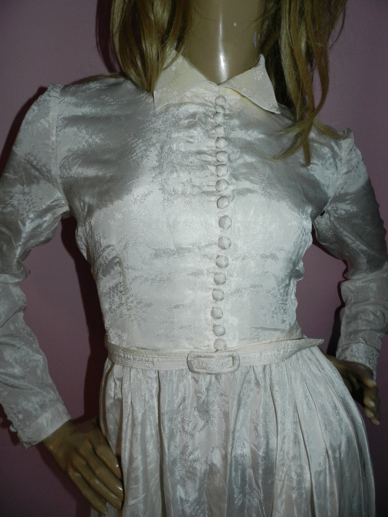 Vintage 30s 40s Delicate FLORAL IVORY Button front belted Maxi WEDDING Dress 10 S 1930s 1940s Bridal Wartime