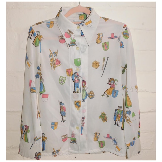 Vintage 70s NOVELTY Court Jester Medieval Print Blouse 10 S 1970s Kitsch
