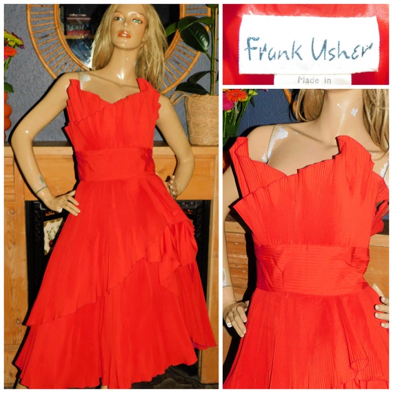 Vintage 80s Red AVANT GARDE ORIGAMI Prom Party Dress by Frank Usher 10 S 1980s Extreme Strapless Bow Pleated