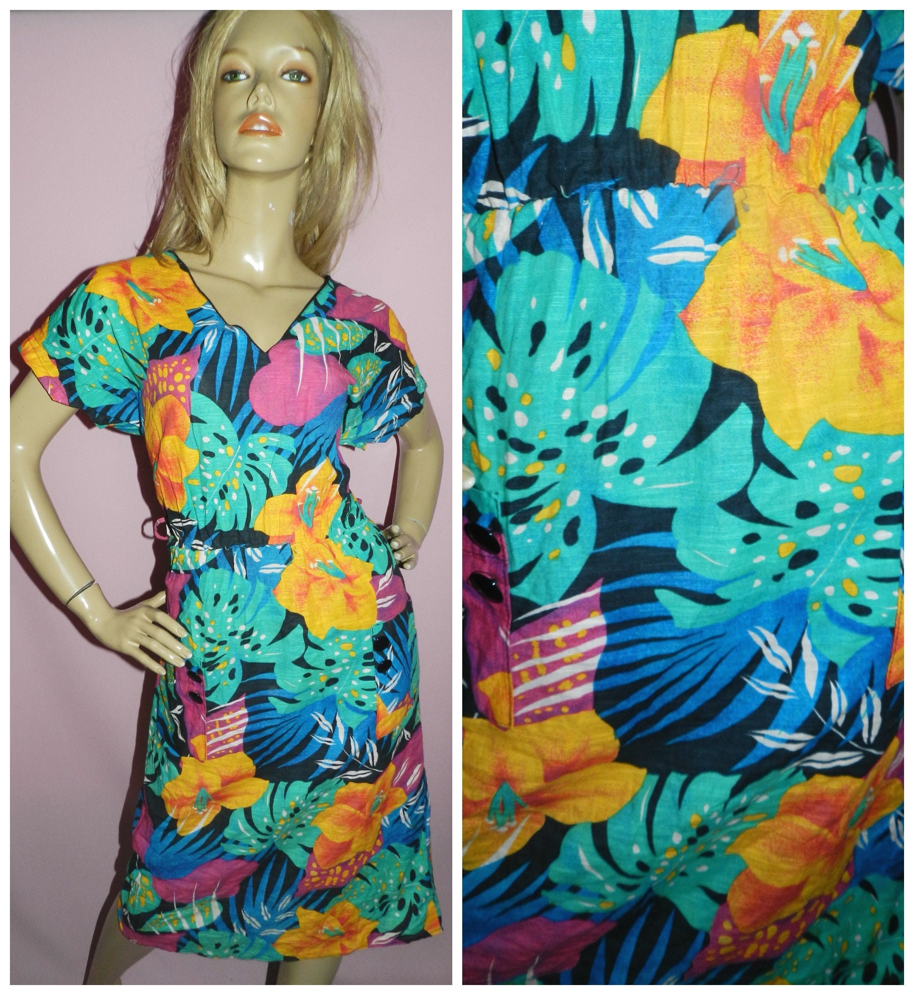 Vintage 80s Bold TROPICAL ORCHID Floral print day dress 10 S 1980s ...