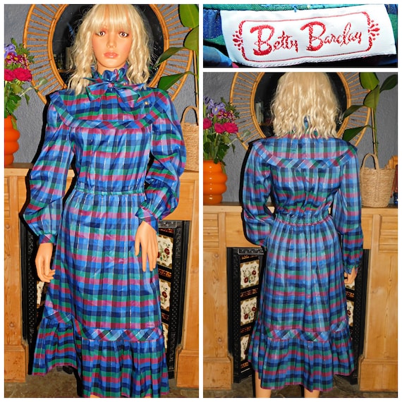 Vintage 70s 80s BETTY BARCLAY Check Prairie PUSSY Bow Ruffled Midi Dress 12-14 M 1970s 1980s Christmas Party Evening