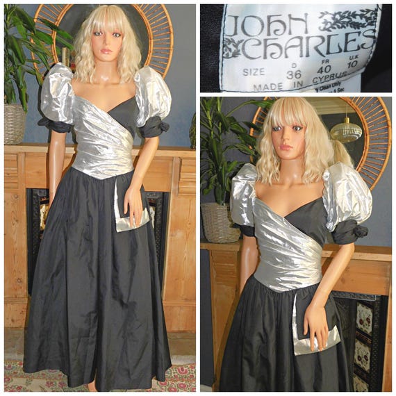 Vintage 80s METALLIC Silver Black PUFF Slvd John Charles Prom Party Dress 8 S Xs 1980s Kitsch Princess Lame