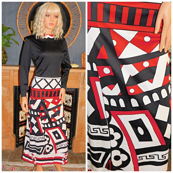 Vintage 70s Black Red White GEOMETRIC Border Print Contrast Midi Dress 14 16 M L 1970s