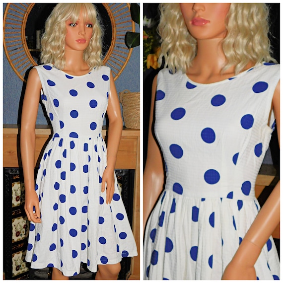 Vintage 1950s White Navy POLKA Dot Tea Dress 12 M 50s Rockabilly Bombshell Mid century Full skirt