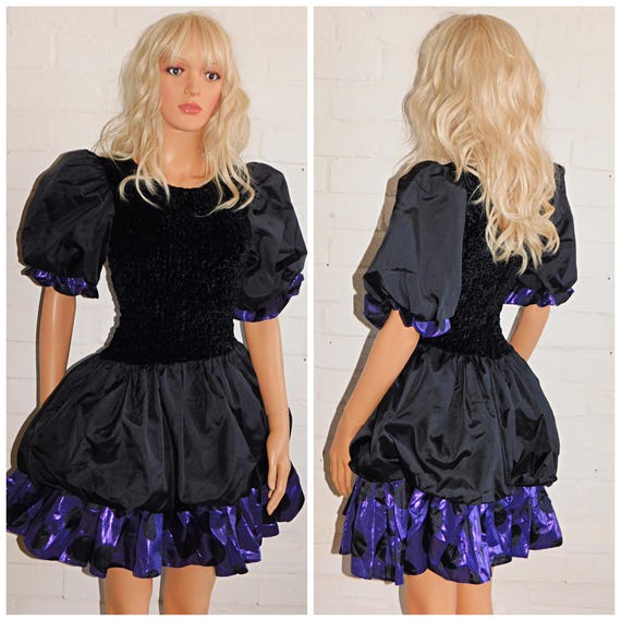 Vintage 80s Black Purple METALLIC PUFFBALL Prom Party Dress 6 XS 1980s Extreme Avant Garde Kitsch Bubble Hem Mini Polka Dot Puff Slvd