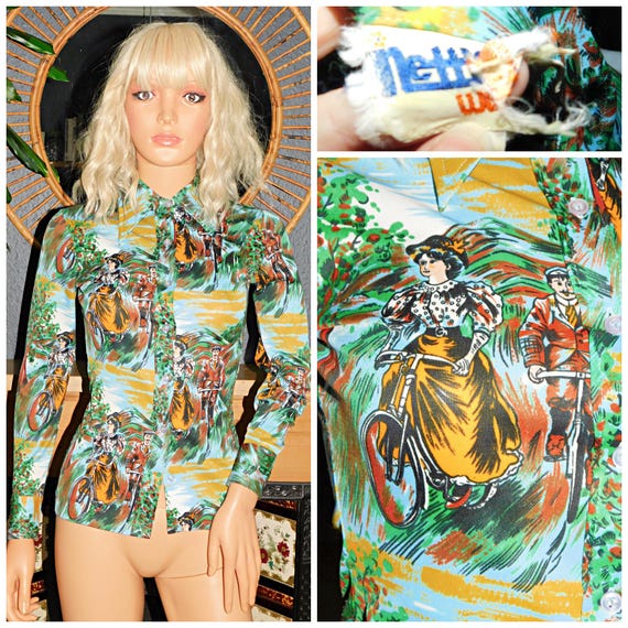 Vintage 70s NOVELTY Edwardian LADY on a Bike Print Stretch Shirt Blouse 6 Xxs 1970s Kitsch Dagger Collar