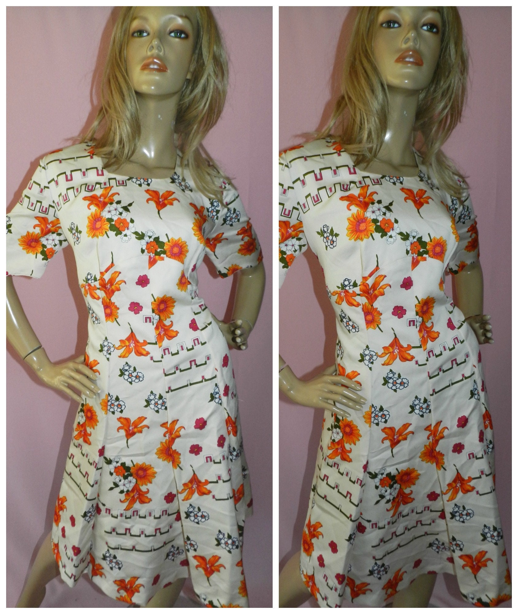 Vintage 60s Cream Orange ORCHID SUNFLOWER DAISY Print Mod Scooter dress