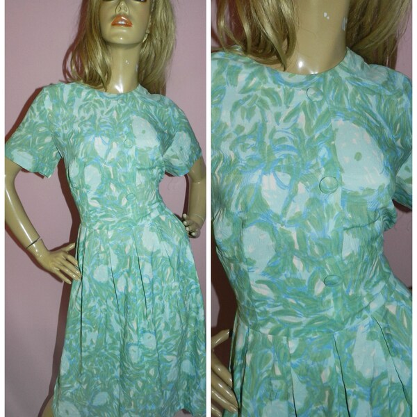 Vintage 1950s Pale Green Abstract Print TEA dress 16-18 L 50s Mid Century Mad Men