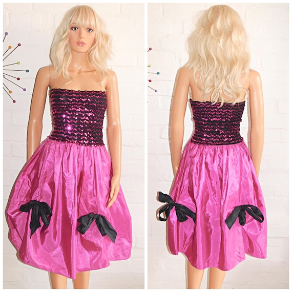Vintage 80s Bubblegum Pink Black SEQUINNED Bow AVANT GARDE Prom Party Dress 10 12 14 16 S M 1980s Kitsch Extreme