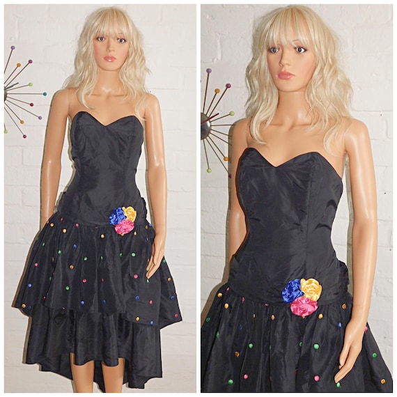 Vintage 80s Black Spotty Strapless RaRa Prom Party Dress 12 14 M 1980s Cocktail Extreme Polka Dot