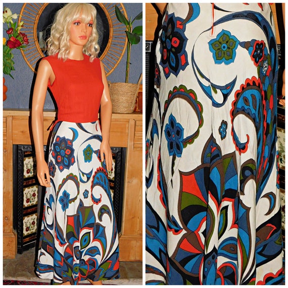 Vintage 70s Red PSYCHEDELIC Contrast Day Dress 8 Xs 1970s Kitsch