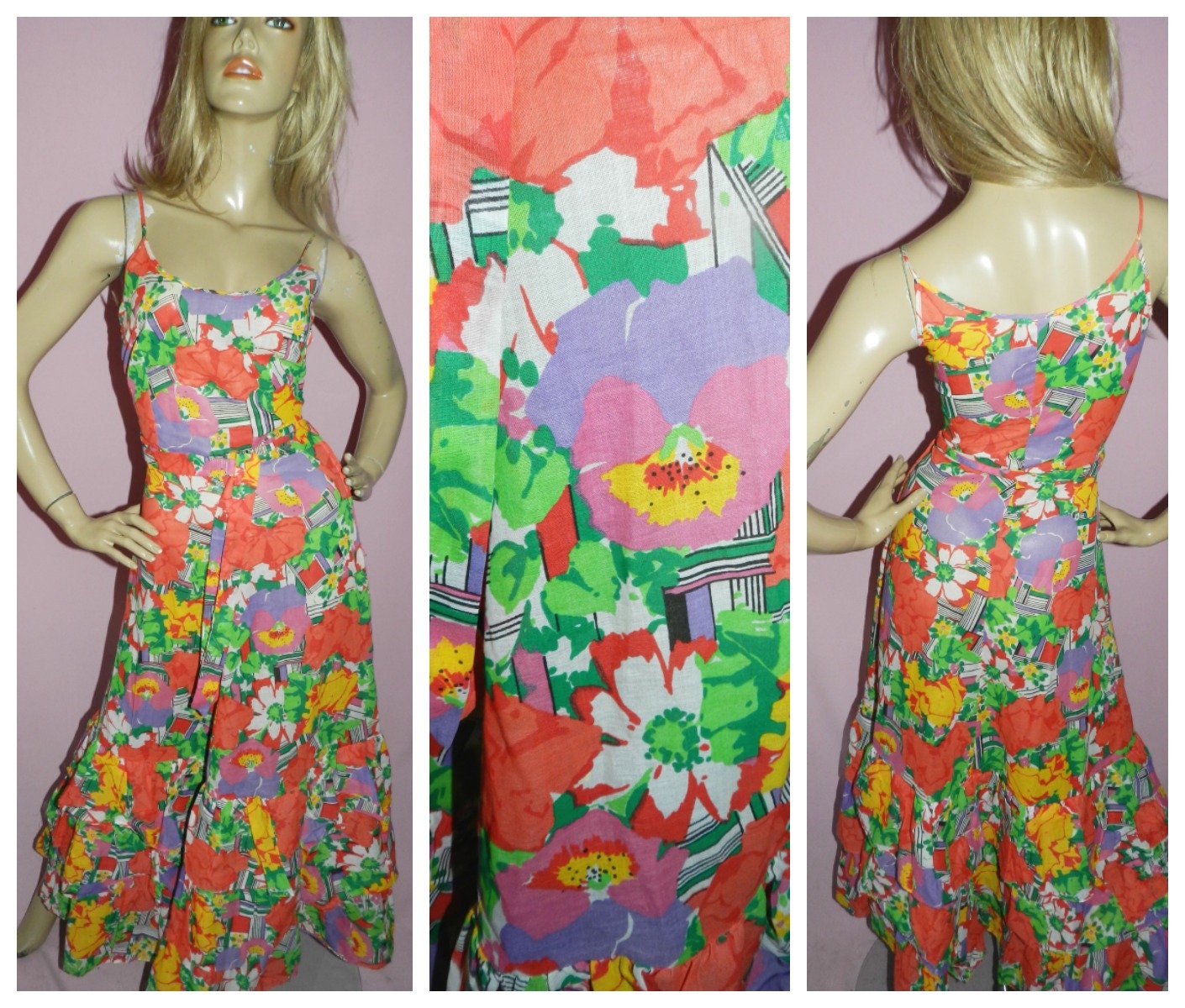 Vintage 70s Multicoloured Abstract Floral print RUFFLED TIERED Maxi ...