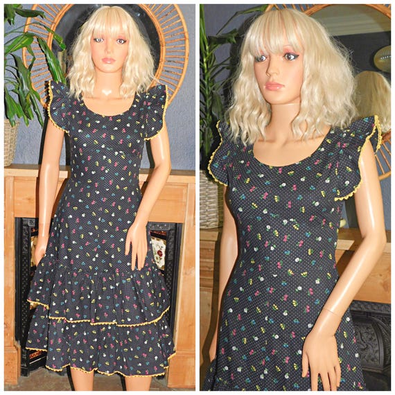 Vintage 70s Bohemian DITSY Floral Tiered Folk Day Dress 6 8 Xs 1970s Boho Hippy
