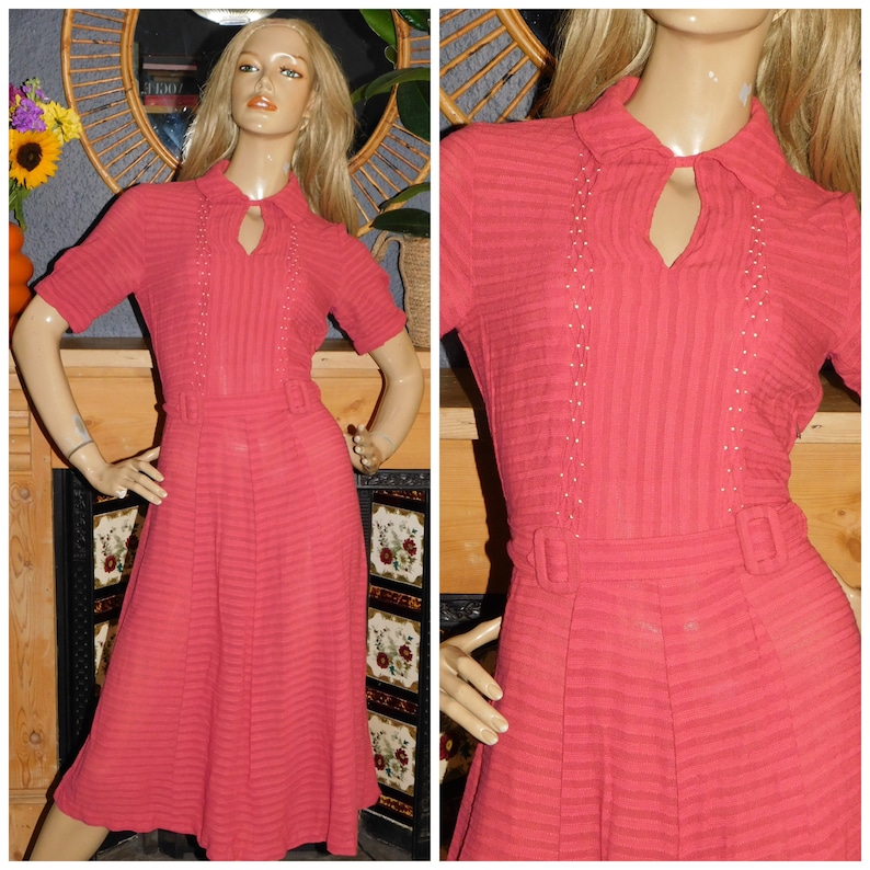 Vintage 30s 40s Dusky Coral Pink STRIPED Semi Sheer Belted Day Dress 10 S 1930s 1940s image 2